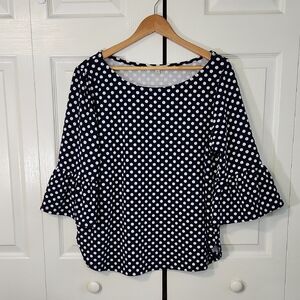 Vintage Green Envelope Womens Navy & White Polka Dot Blouse SZ 1X Preppy Ruffle